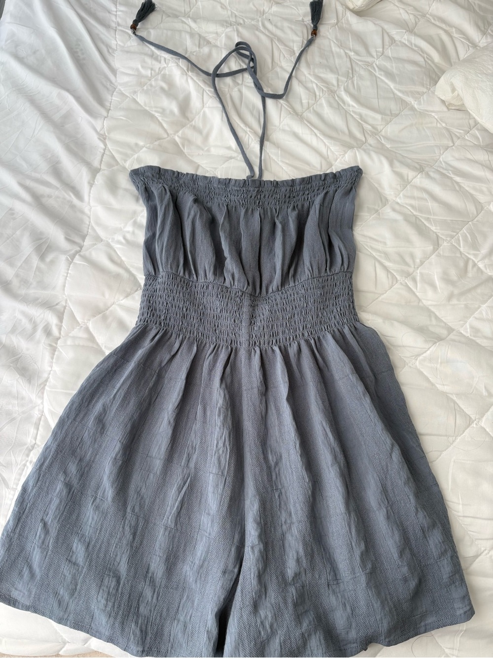 Smocked Waiststrap Grey Blue Romper